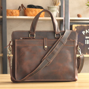 Brand Designer Crazy Horse Leather Men Handbags 14" Laptop Shoulder Bag